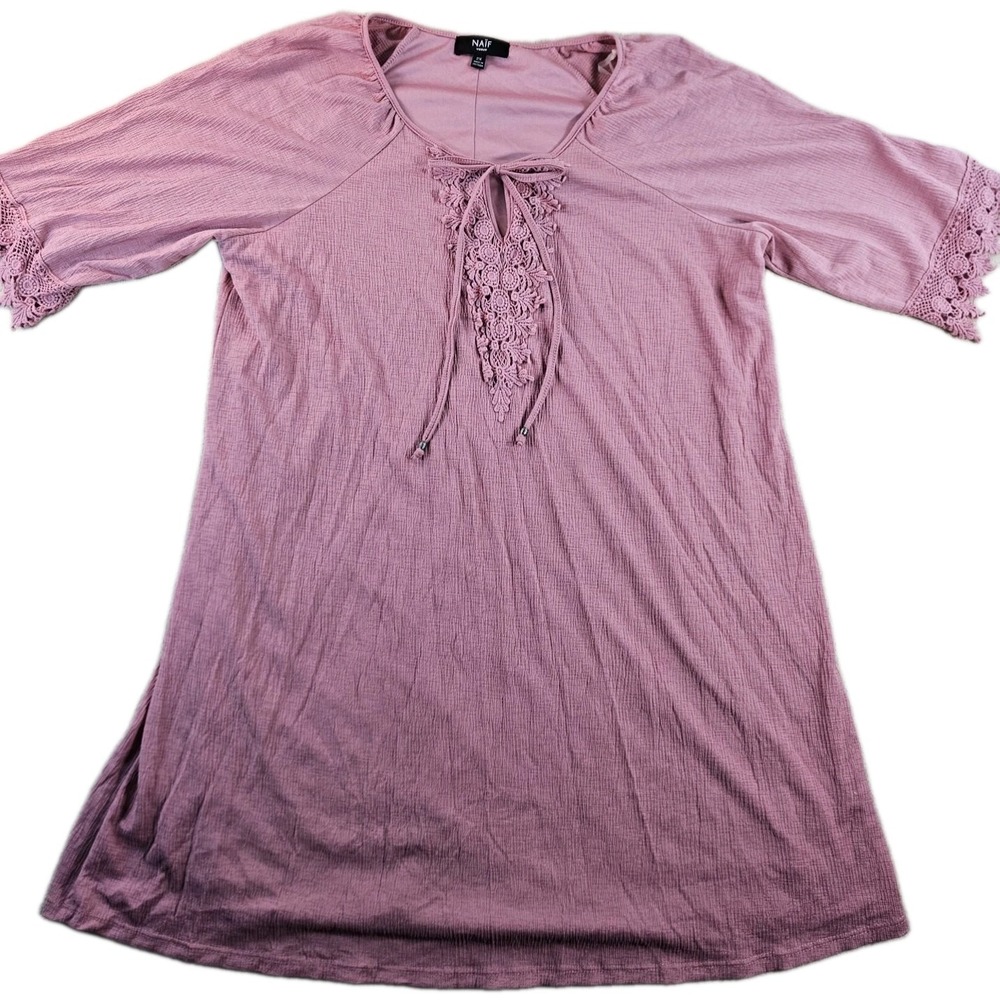 NAIF Womens 2X Pink Lace Boho Tunic Top 3/4 Sleeve Tie Neck Blouse